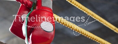 Red Muay Thai boxing gloves in fighting ring