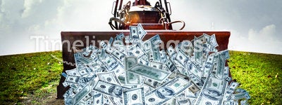 Money management. A business man runs a bulldozer pushing money down a rocky road. Dollar sign smoke billows from the exhaust
