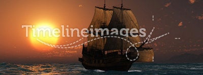 Ancient ship at sunset
