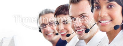 Smiling customer service representatives with head