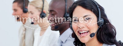 A diverse business team talking on headset