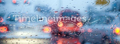 Car driving in rain and storm abstract background