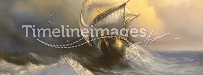 Ancient sailing vessel in stormy