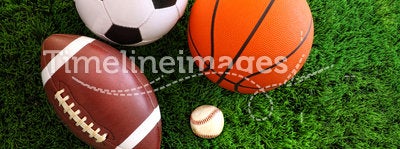 Assortment of sport balls on grass