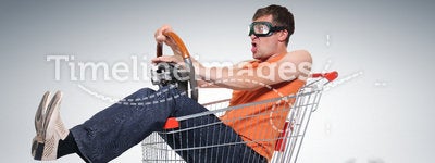 Unreal crazy driver in a shopping-cart with wheel