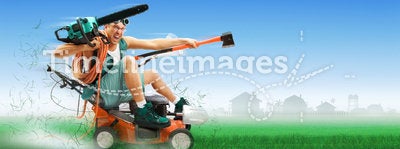 Crazy workman driving lawn mower