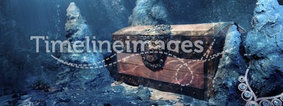 Closed treasure chest underwater