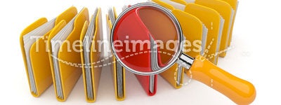 Folder and file search with magnifying glass. 3D