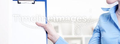 Woman puts a tablet with documents in a Shelfs