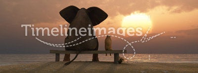 Elephant and dog sit on a beach