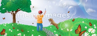 boy and his dog in Spring landscape