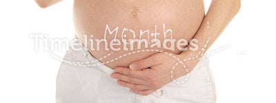 Pregnant woman's belly with words nine months