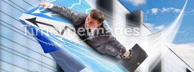 Businessman flying on airpaper plane