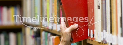 Woman Reaches out Picking a Book Library Shelf