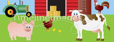 Farm with Red Barn Tractor and Animals