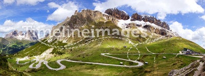 Dolomites landscape with mountain road.
