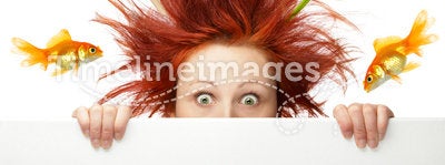 Scared woman with different object on her head