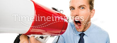 Aggressive businessman shouting with megaphone on white background