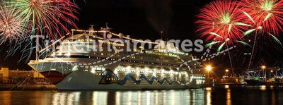 Cruise boat at night with fireworks
