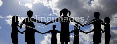Children circle on real sunny sky