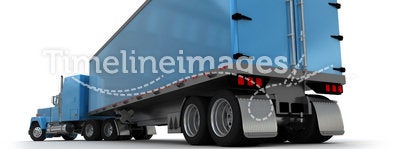 Rear view of a big blue trailer truck