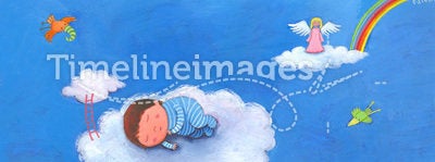 Baby boy sleeping in clouds in his blue pajamas