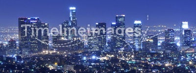 Los Angeles city skyline at night. Panoramic view of Los Angeles city skyline at night