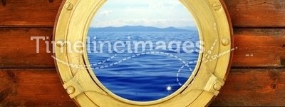 Boat closed porthole with vacation seascape view